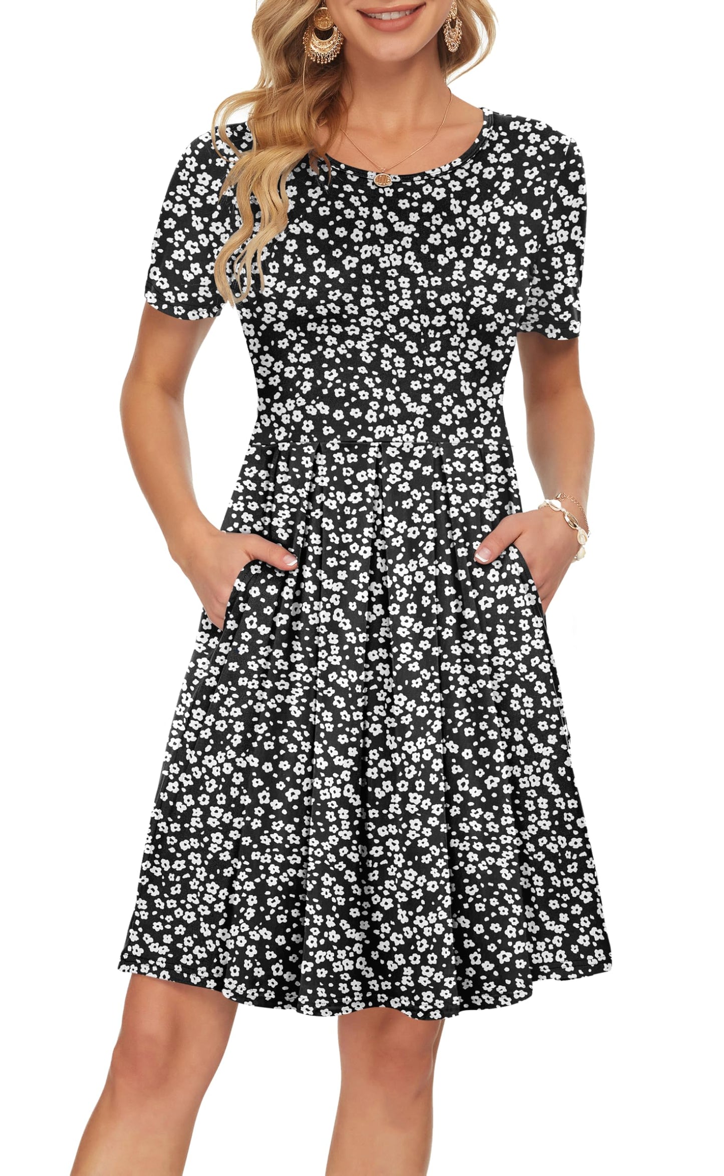 AUSELILY Women's Short Sleeve Summer Dress Pleated Loose Swing Knee Length Dresses with Pockets 2026 New