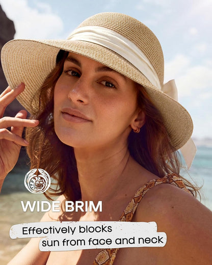 FURTALK Womens Beach Sun Straw Hat UV Protection Travel Packable Foldable Brim Summer UV Hat