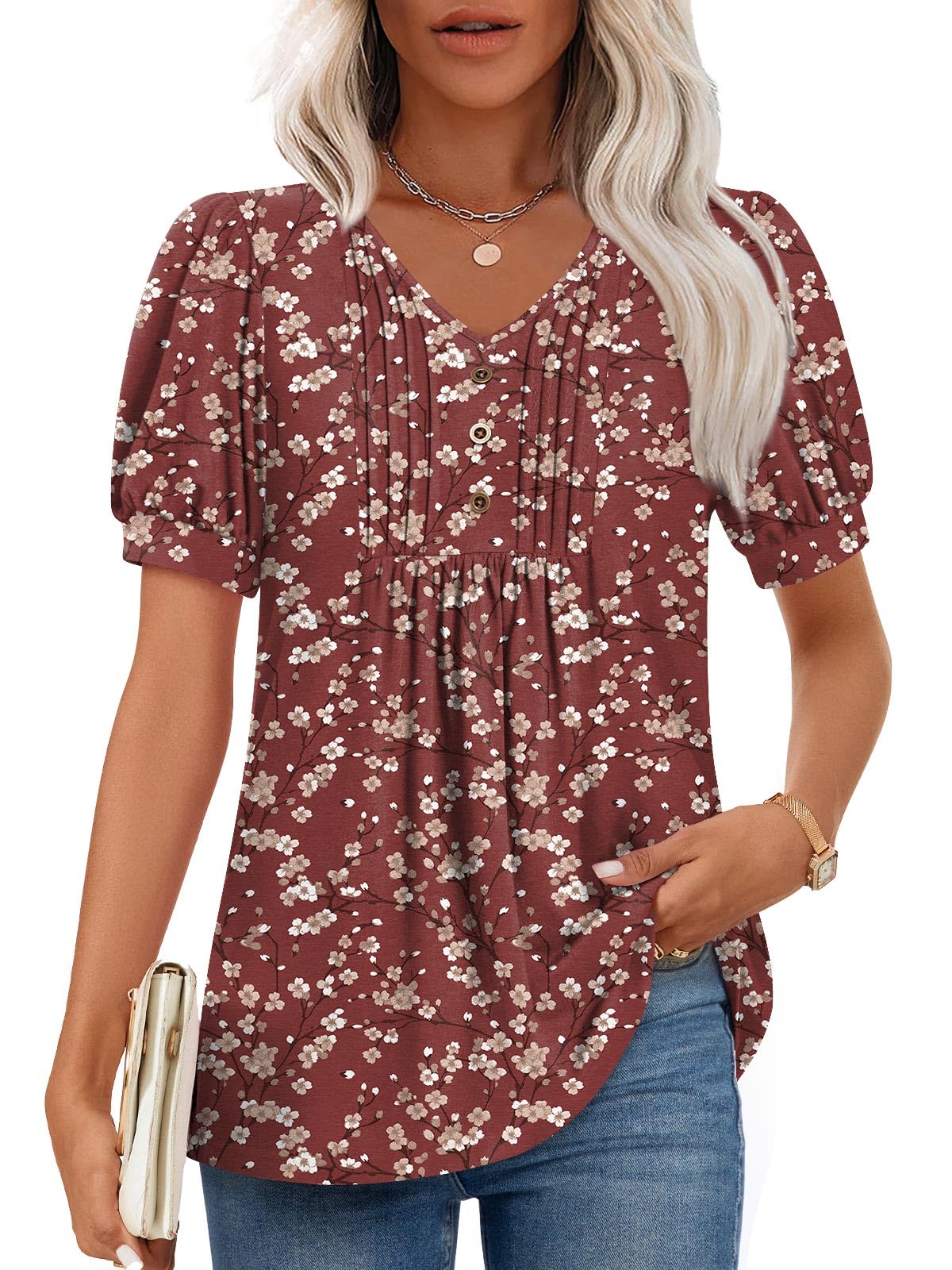 Findsweet Women's Summer Tunic Tops Casual Dressy Blouses Short Sleeve Shirts M-4XL