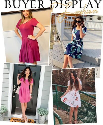 AUSELILY Women's Short Sleeve Summer Dress Pleated Loose Swing Knee Length Dresses with Pockets 2026 New