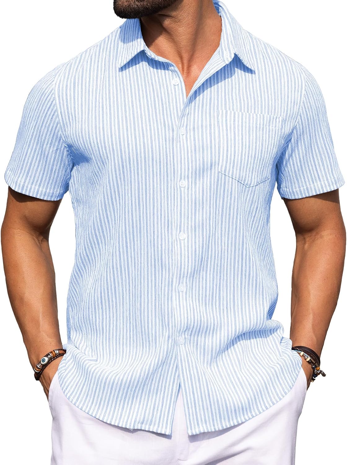 Sailwind Men's Casual Button Down Shirts Short Sleeve Striped Beach Summer Vacation Shirt with Pocket