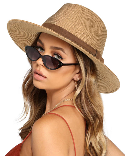 FURTALK Womens Mens Wide Brim Straw Panama Hat Fedora Summer Beach Sun Hats UPF Straw Hat for Women
