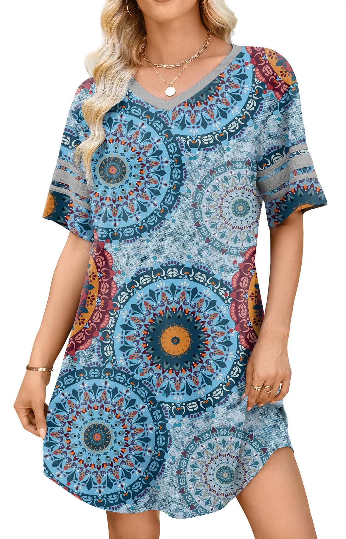 WEACZZY Women's Sleep Shirt Short Sleeve Nightgown Loose Fit Breathable | Crew Neck, Soft Polyester Blend Sleepwear, Solid Colors Floral Prints, Pajama Dress, Loungewear, House Casual Daily Wear