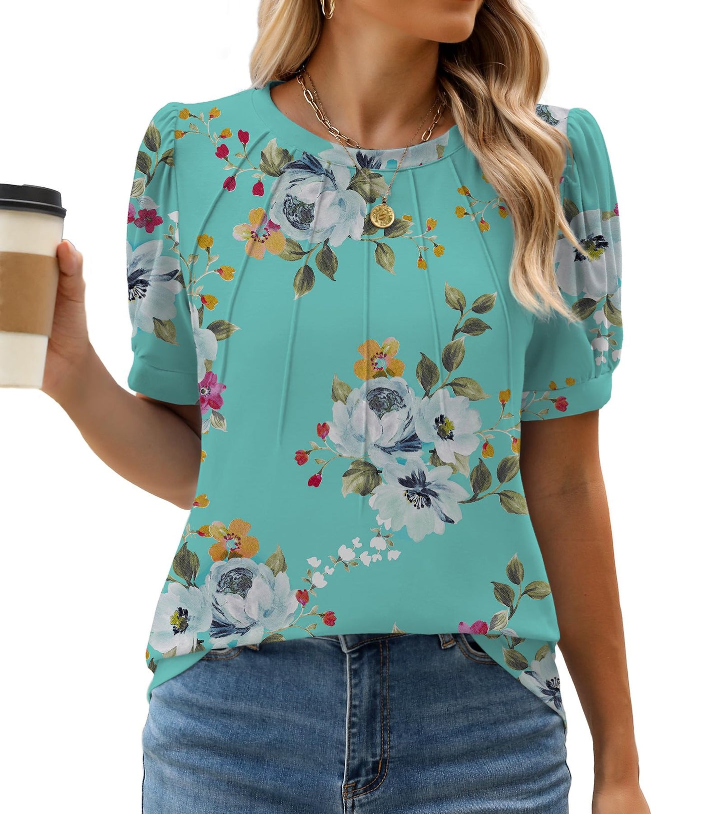 WEACZZY Women's Short Sleeve Crew Neck T-Shirt Pleated Front Casual Blouse | Puff Sleeve, Soft Comfortable Breathable, Regular Fitted, Asymmetrical High-Low Hem, Business Casual, Spring Summer Fall