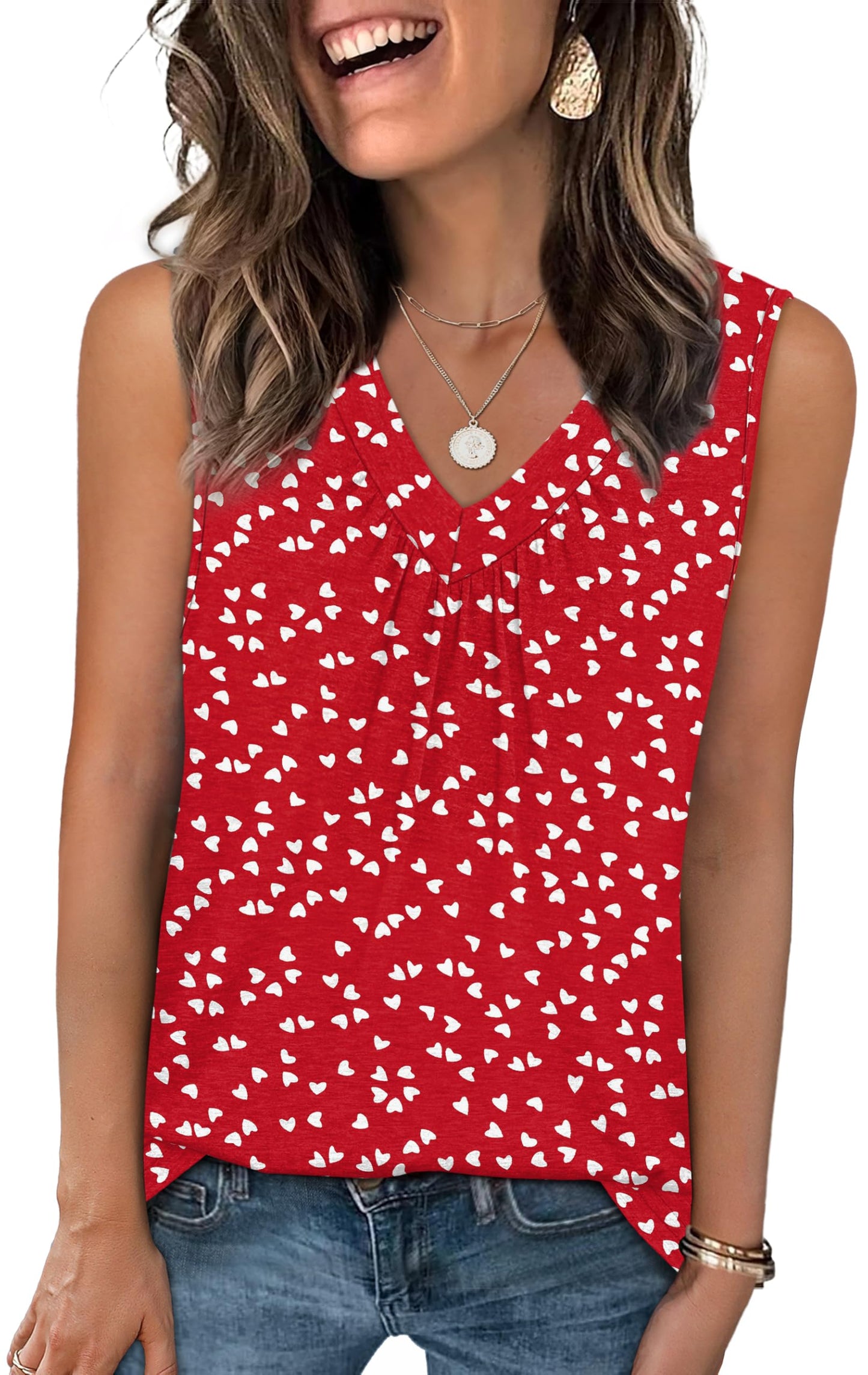 OFEEFAN Tank Top for Women Loose Fit Sleeveless Shirts V Neck Summer Clothes Ruched Women's Tees and Tanks Curved Hem