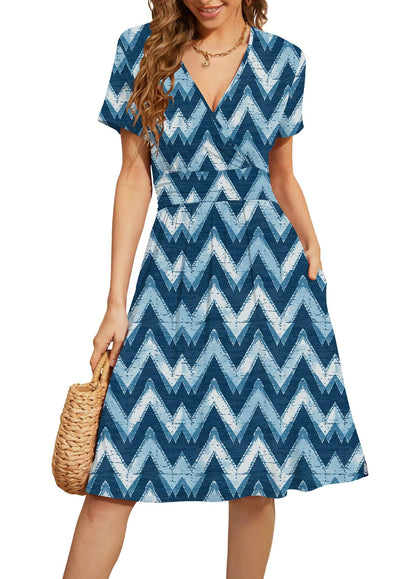WEACZZY Women's Summer Short Sleeve Casual Dresses V-Neck Floral Party Dress with Pockets