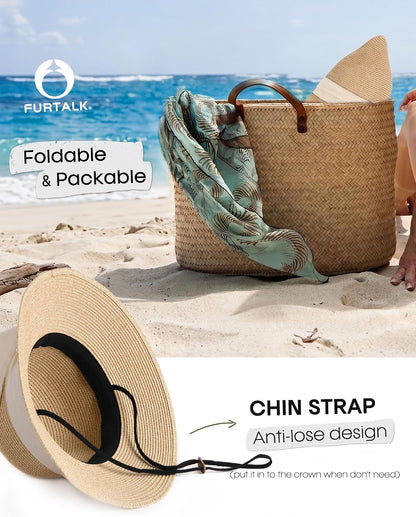 FURTALK Womens Beach Sun Straw Hat UV Protection Travel Packable Foldable Brim Summer UV Hat