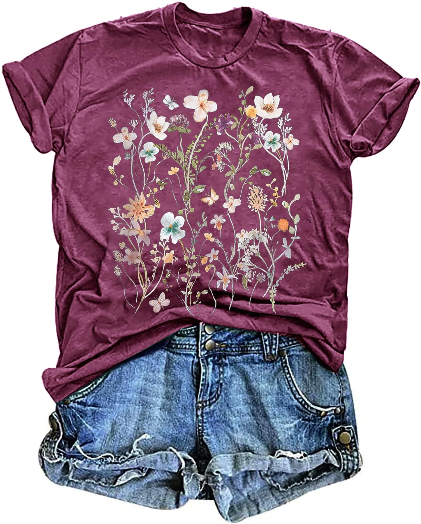 Women's Vintage Floral T Shirt Boho Wildflower Graphic Loose Tees Short Sleeve Casual Tops