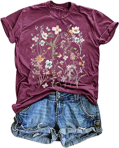 Women's Vintage Floral T Shirt Boho Wildflower Graphic Loose Tees Short Sleeve Casual Tops