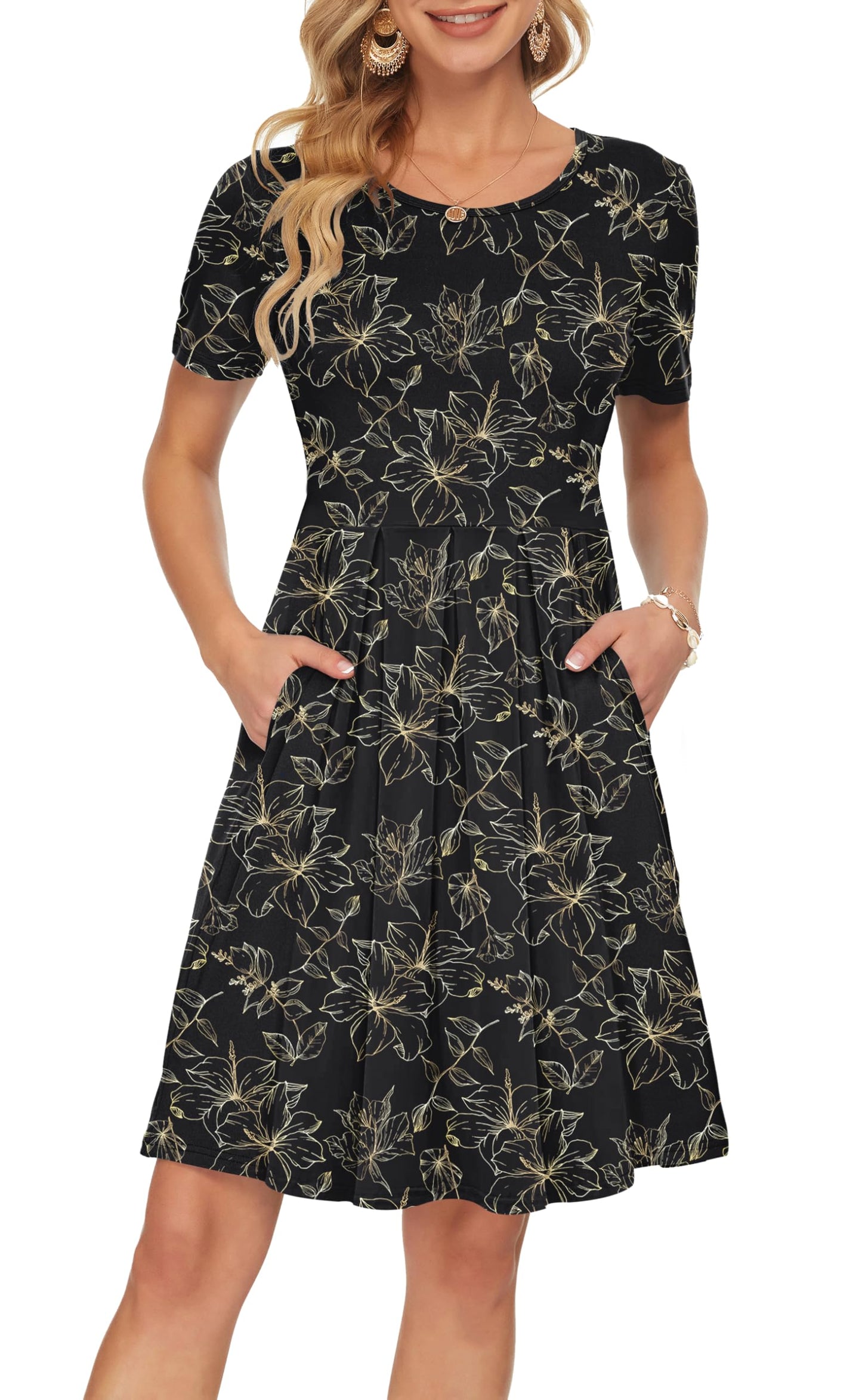 AUSELILY Women's Short Sleeve Summer Dress Pleated Loose Swing Knee Length Dresses with Pockets 2026 New