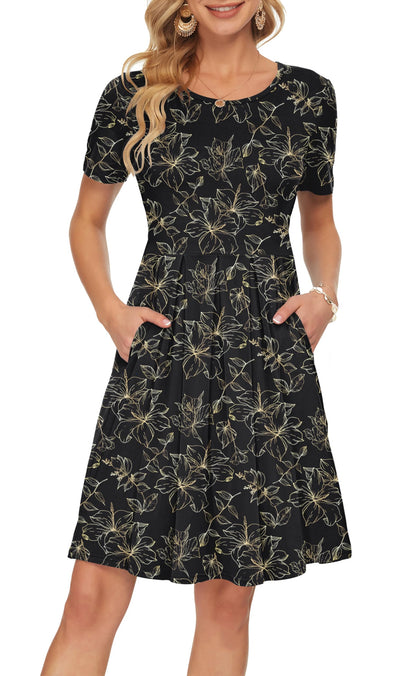 AUSELILY Women's Short Sleeve Summer Dress Pleated Loose Swing Knee Length Dresses with Pockets 2026 New