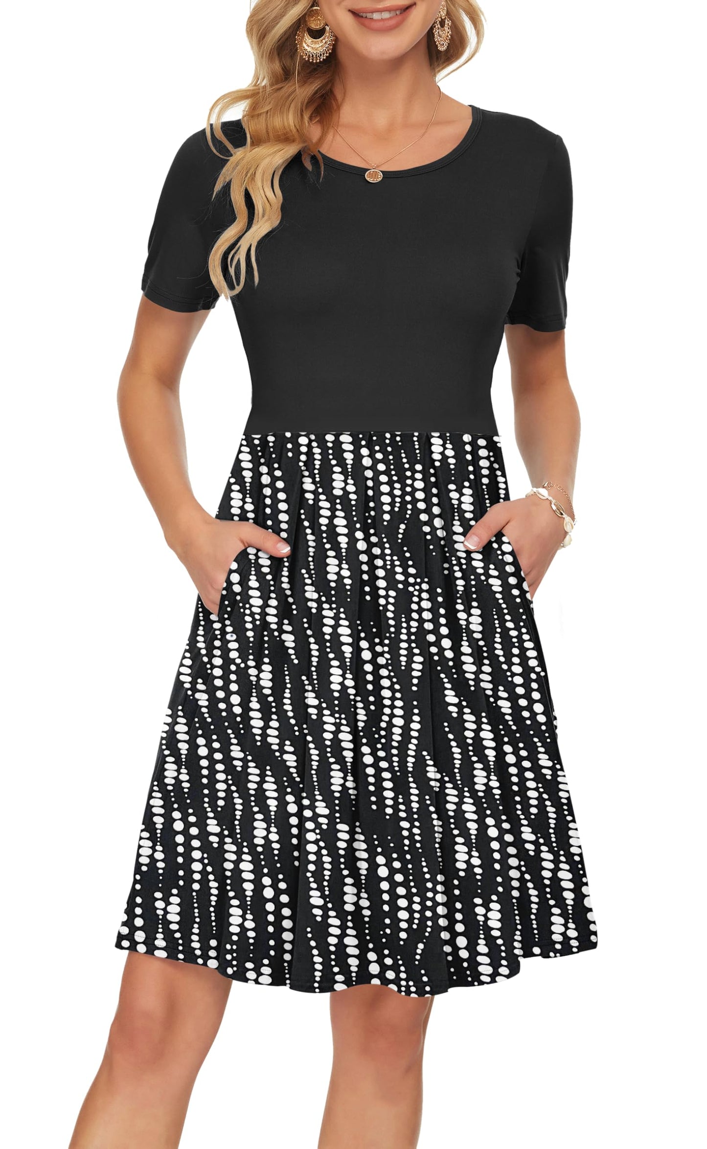 AUSELILY Women's Short Sleeve Summer Dress Pleated Loose Swing Knee Length Dresses with Pockets 2026 New