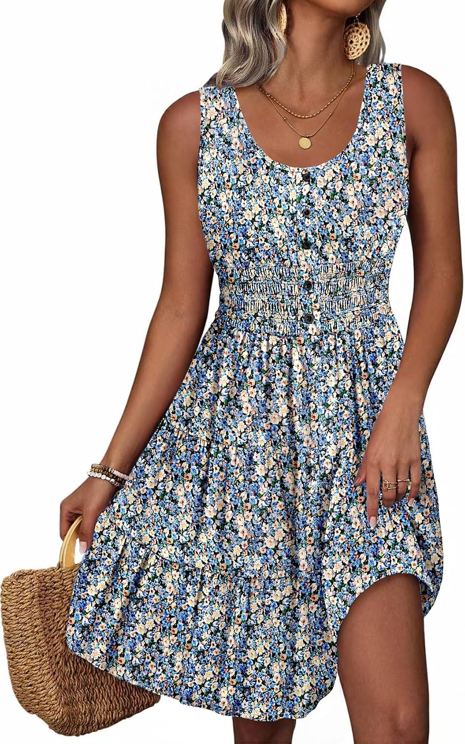Summer Dresses for Women Casual Sleeveless Sundresses Elastic Waist Mini Sun Dress