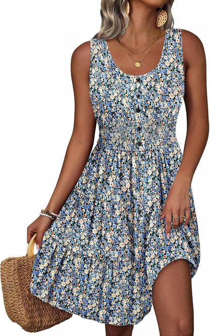 Summer Dresses for Women Casual Sleeveless Sundresses Elastic Waist Mini Sun Dress