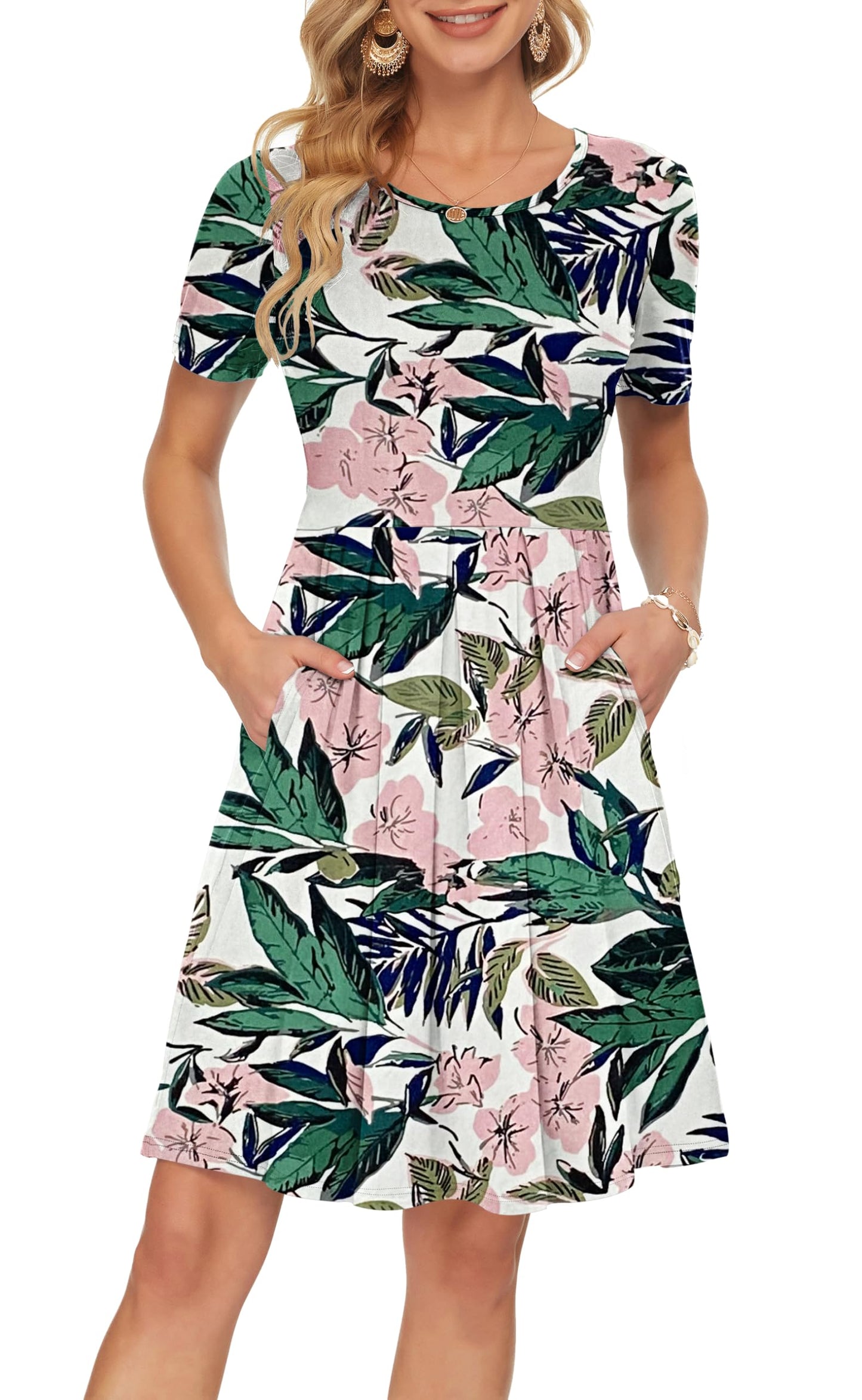 AUSELILY Women's Short Sleeve Summer Dress Pleated Loose Swing Knee Length Dresses with Pockets 2026 New