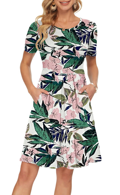 AUSELILY Women's Short Sleeve Summer Dress Pleated Loose Swing Knee Length Dresses with Pockets 2026 New
