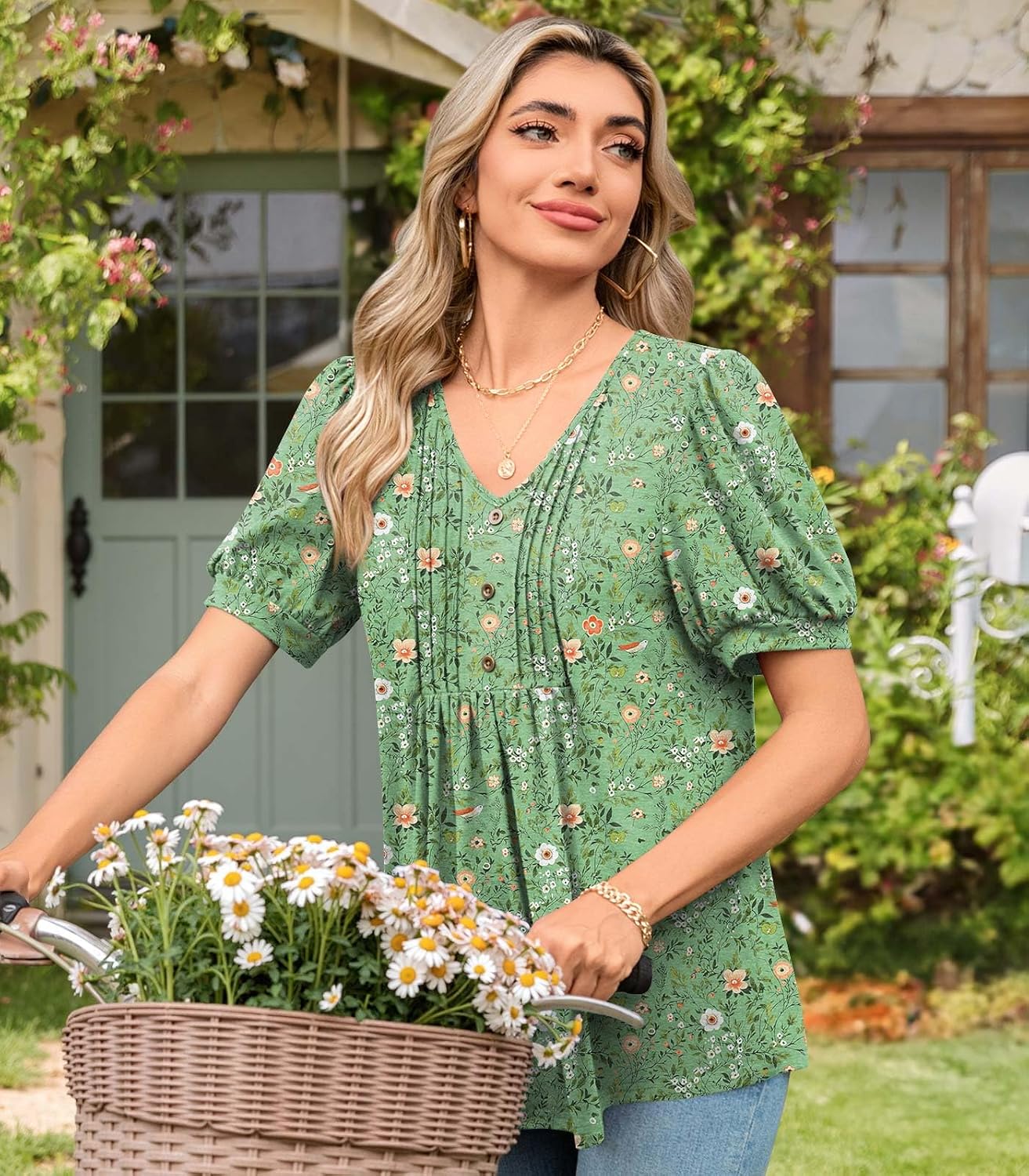 Findsweet Women's Summer Tunic Tops Casual Dressy Blouses Short Sleeve Shirts M-4XL