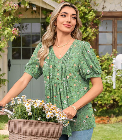 Findsweet Women's Summer Tunic Tops Casual Dressy Blouses Short Sleeve Shirts M-4XL