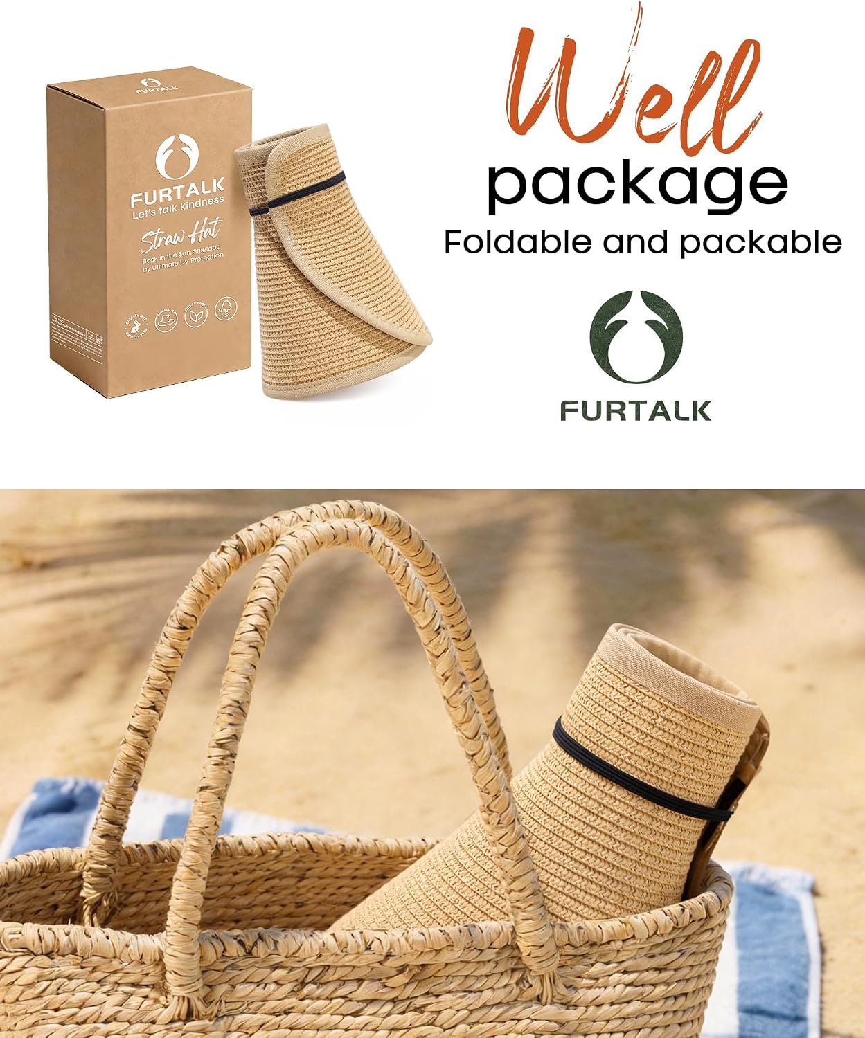 FURTALK Sun Hats for Women Wide Brim Beach Hat Straw Visor Ponytail Summer UV Packable Foldable Beach Vacation Essentials