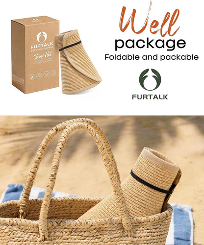 FURTALK Sun Hats for Women Wide Brim Beach Hat Straw Visor Ponytail Summer UV Packable Foldable Beach Vacation Essentials