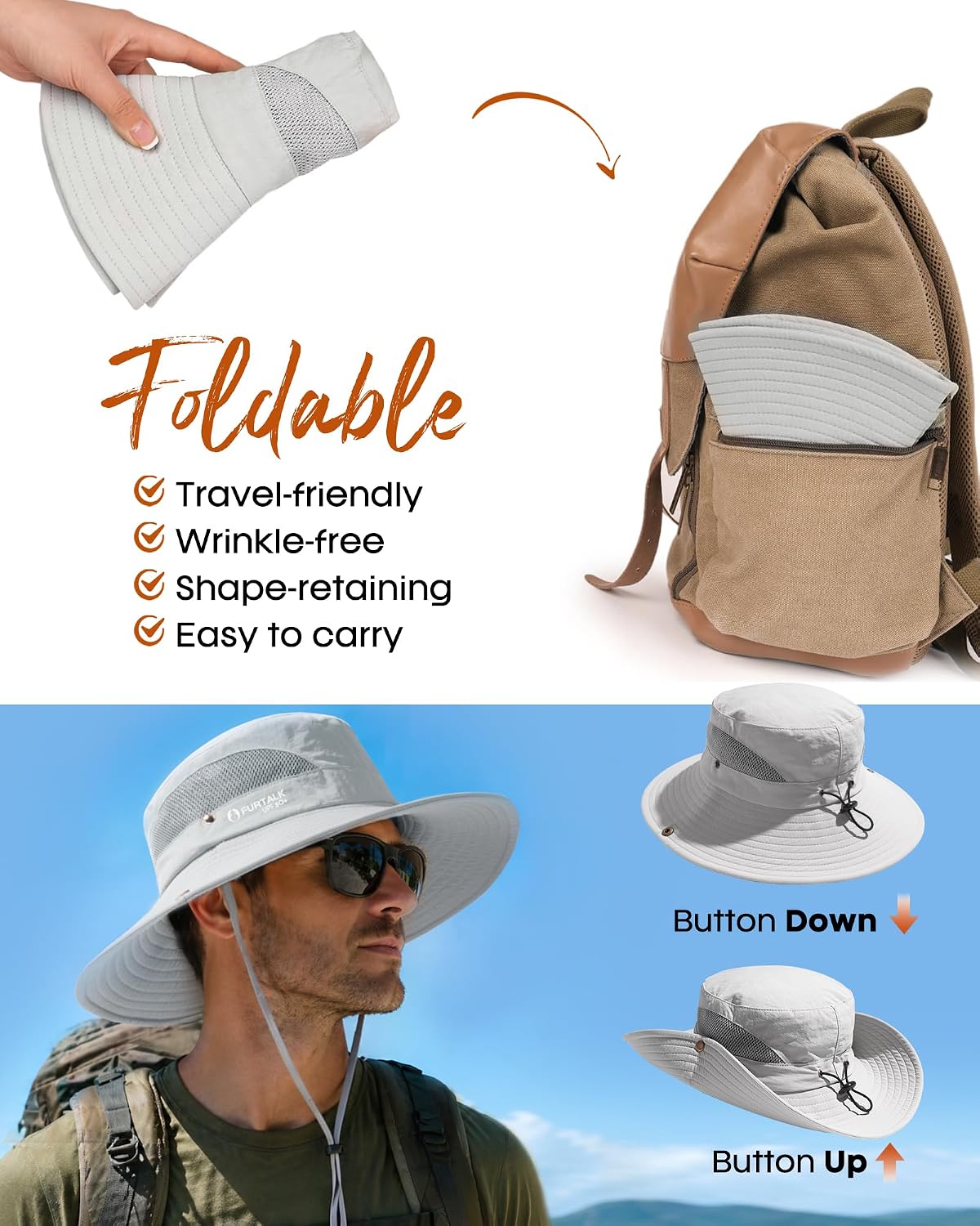 FURTALK Mens Bucket Sun Hat UPF 80+ Wide Brim Hiking Fishing Beach Outdoor Hats