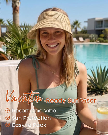 FURTALK Sun Visor Hats for Women Wide Brim Straw Visors Womens Foldable Beach Visors Summer Packable Ponytail Beach Hat