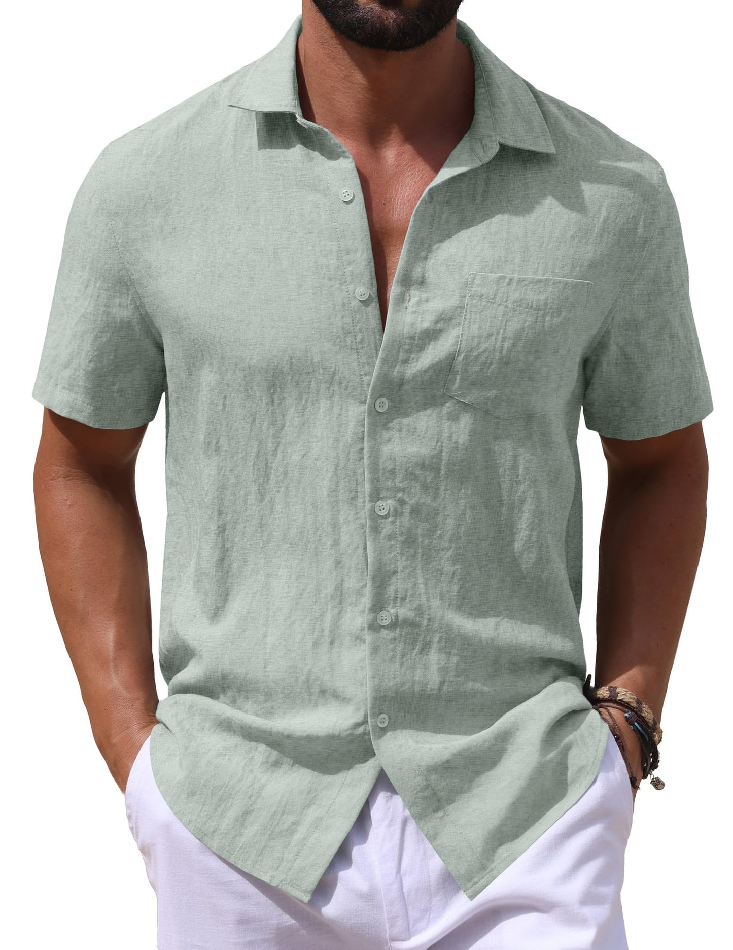 Sailwind Men's Linen Button Down Shirts Short Sleeve Casual Lightwetght Beach Summer Vacation Shirt with Pocket