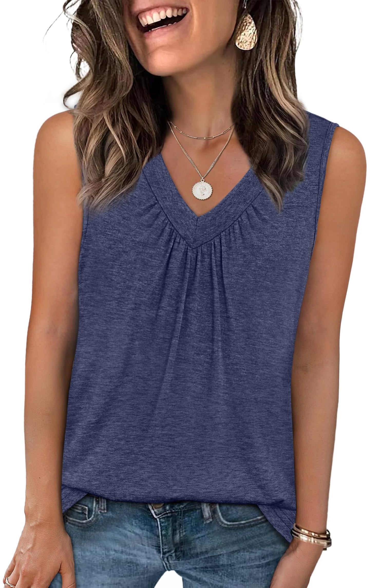 OFEEFAN Tank Top for Women Loose Fit Sleeveless Shirts V Neck Summer Clothes Ruched Women's Tees and Tanks Curved Hem