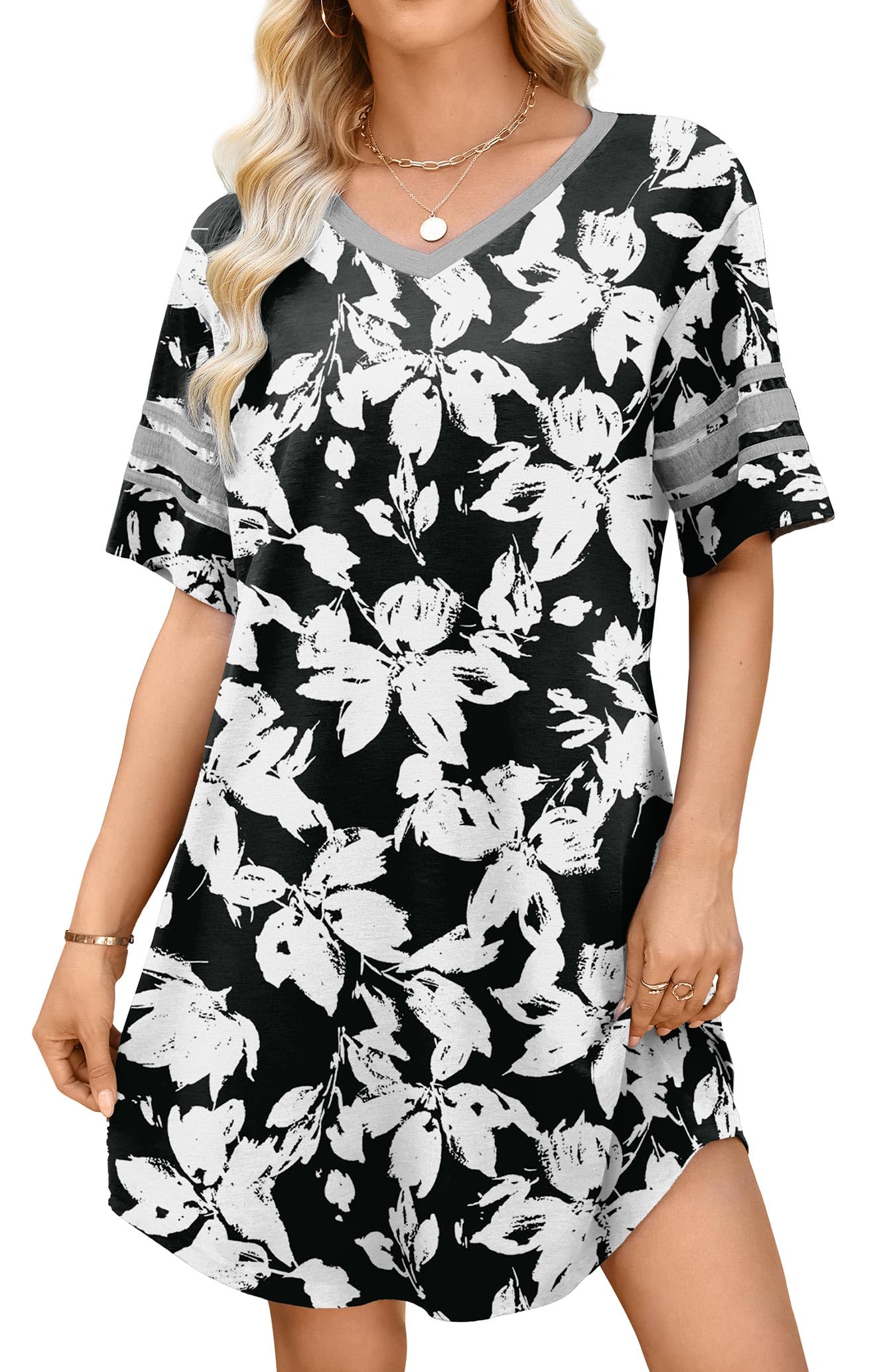 WEACZZY Women's Sleep Shirt Short Sleeve Nightgown Loose Fit Breathable | Crew Neck, Soft Polyester Blend Sleepwear, Solid Colors Floral Prints, Pajama Dress, Loungewear, House Casual Daily Wear