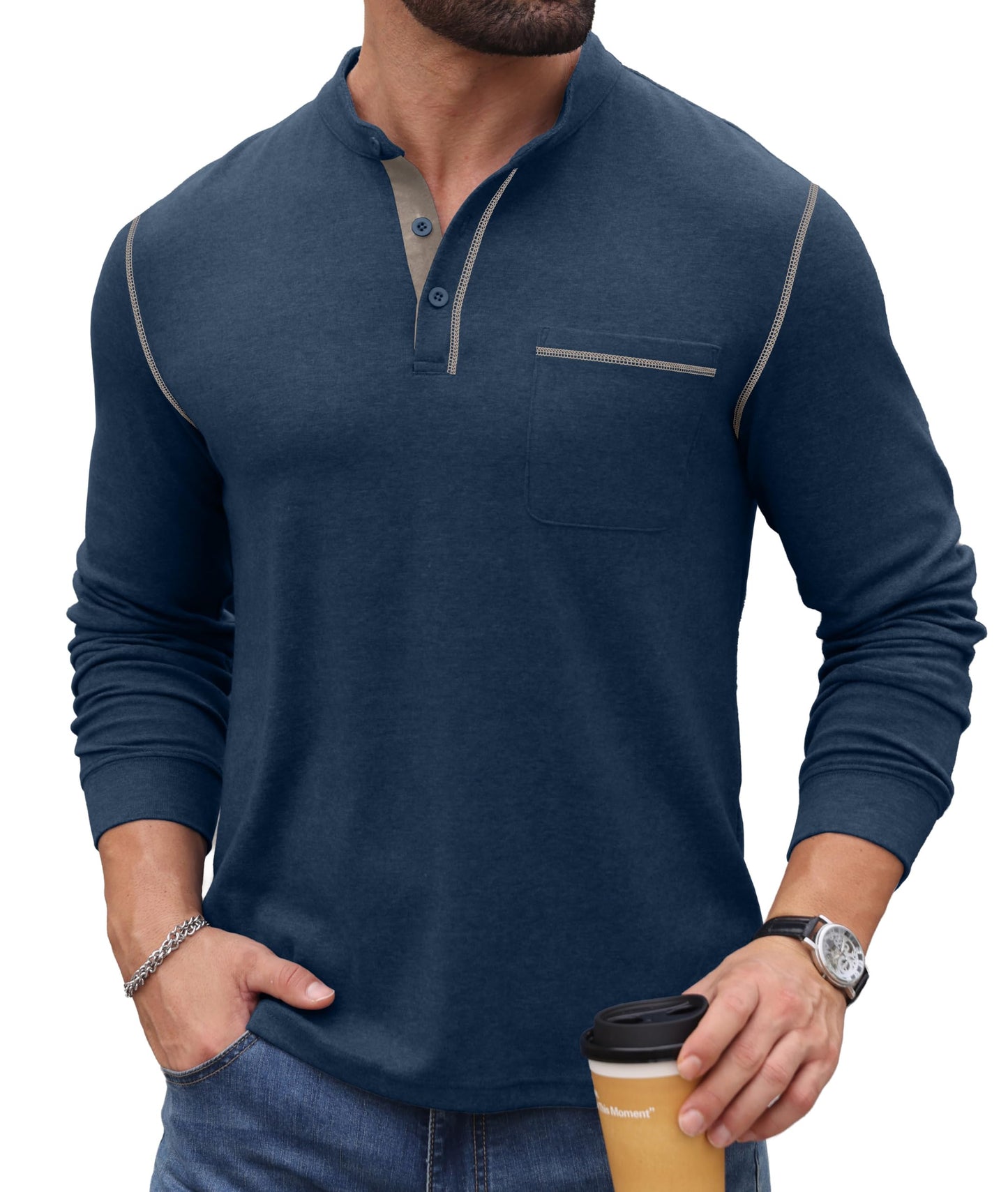 Sailwind Men's Henley Shirts Long Sleeve Button T-Shirt Casual Stylish Pullover Shirt with Pocket