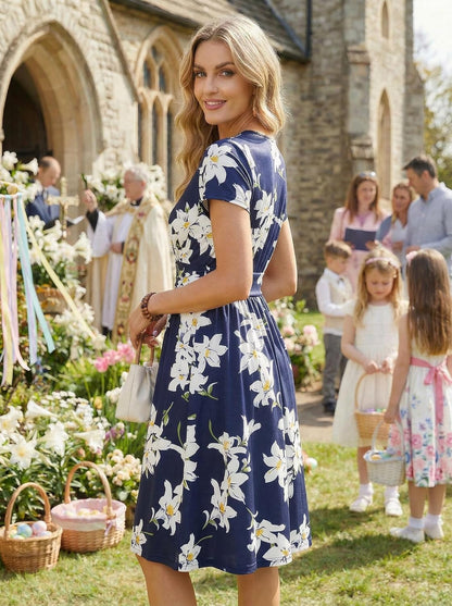 OUGES Casual Summer Dress for Women Wrap V Neck A Line Midi Dresses with Pockets