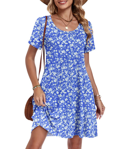 AUSELILY Women's Summer Casual Dresses 2026 Short Sleeve Swing Beach Floral T-Shirt Dress with Pockets