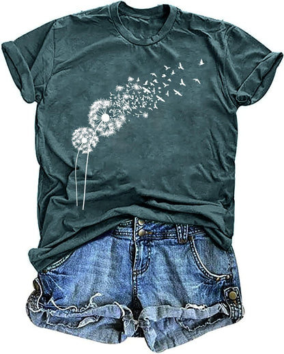 Women's Vintage Floral T Shirt Boho Wildflower Graphic Loose Tees Short Sleeve Casual Tops
