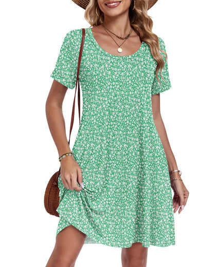 AUSELILY Women's Summer Casual Dresses 2026 Short Sleeve Swing Beach Floral T-Shirt Dress with Pockets