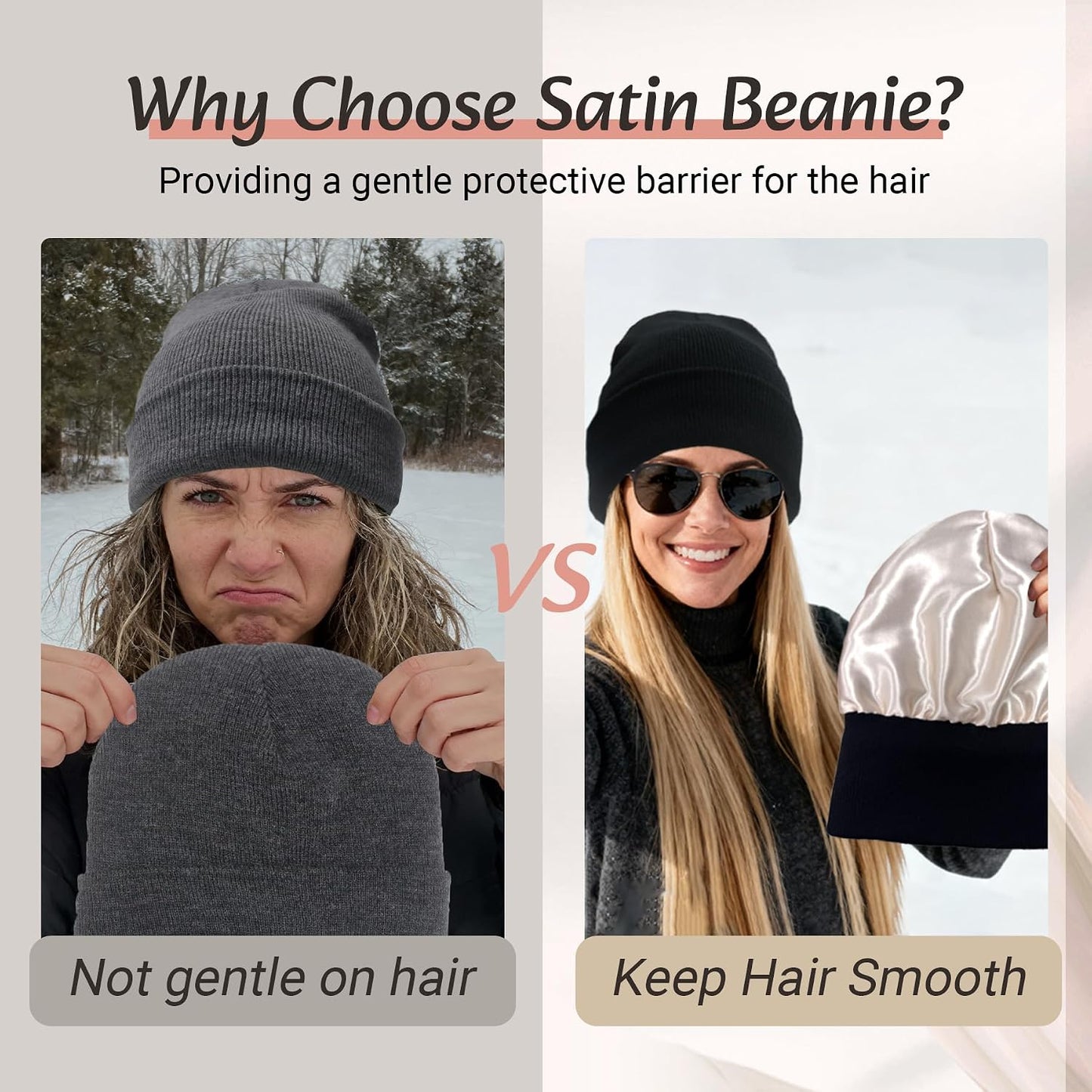 PFFY Satin Lined Beanie for Women Silk Lining Soft Winter Hats Reduce Frizz Knit Beanies Warm Skull Cap