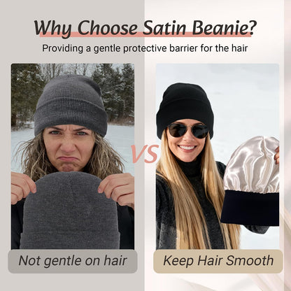 PFFY Satin Lined Beanie for Women Silk Lining Soft Winter Hats Reduce Frizz Knit Beanies Warm Skull Cap