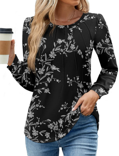 WEACZZY Women Long Sleeve Shirts Crew Neck Tunic Tops Soft Casual Blouses Creased Design Curved Side Hem Fashion Outfits 2026