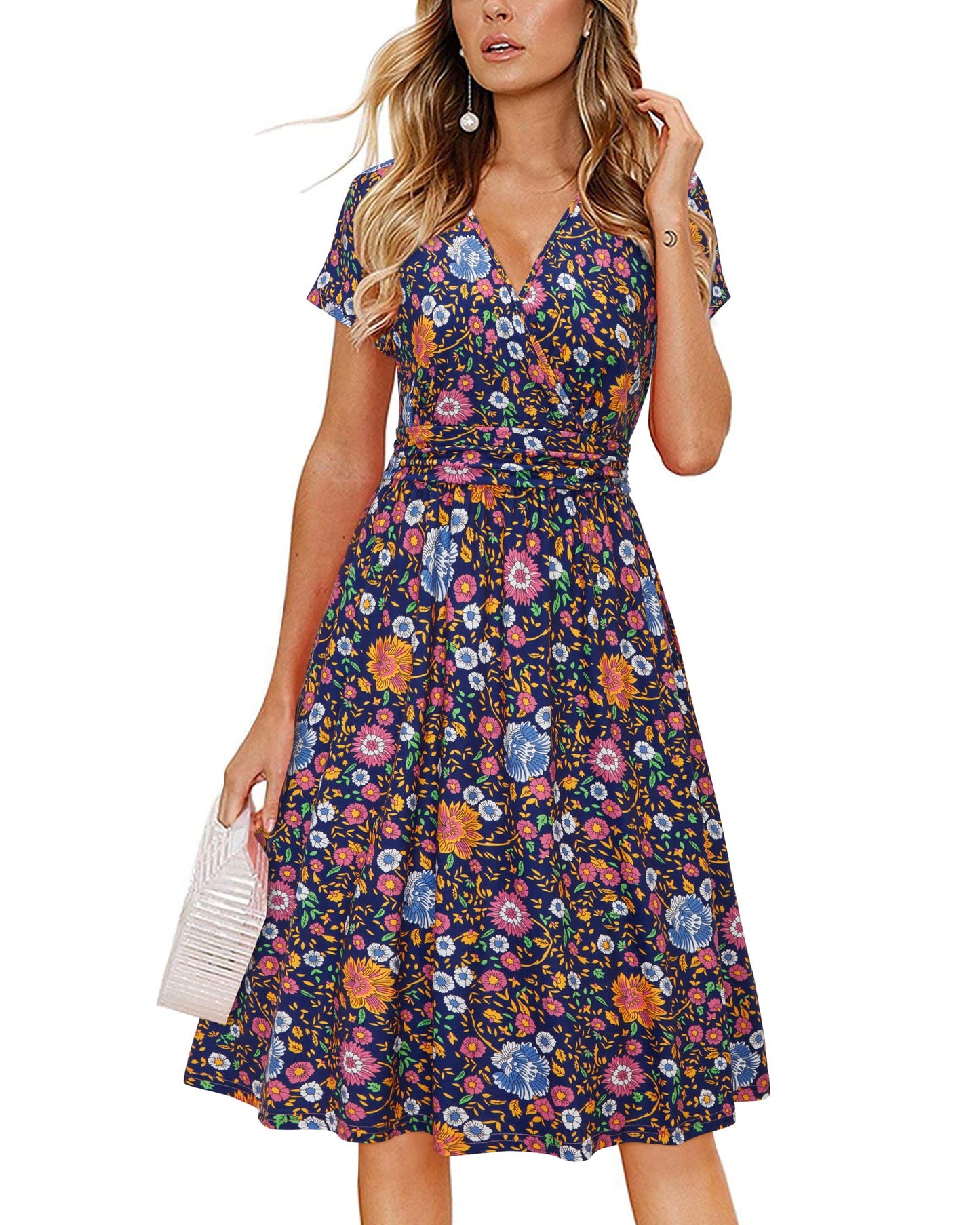 Newshows Womens Summer Short Sleeve Casual Dresses V Neck Floral Vacation Sundress Faux Wrap Midi Dress with Pockets
