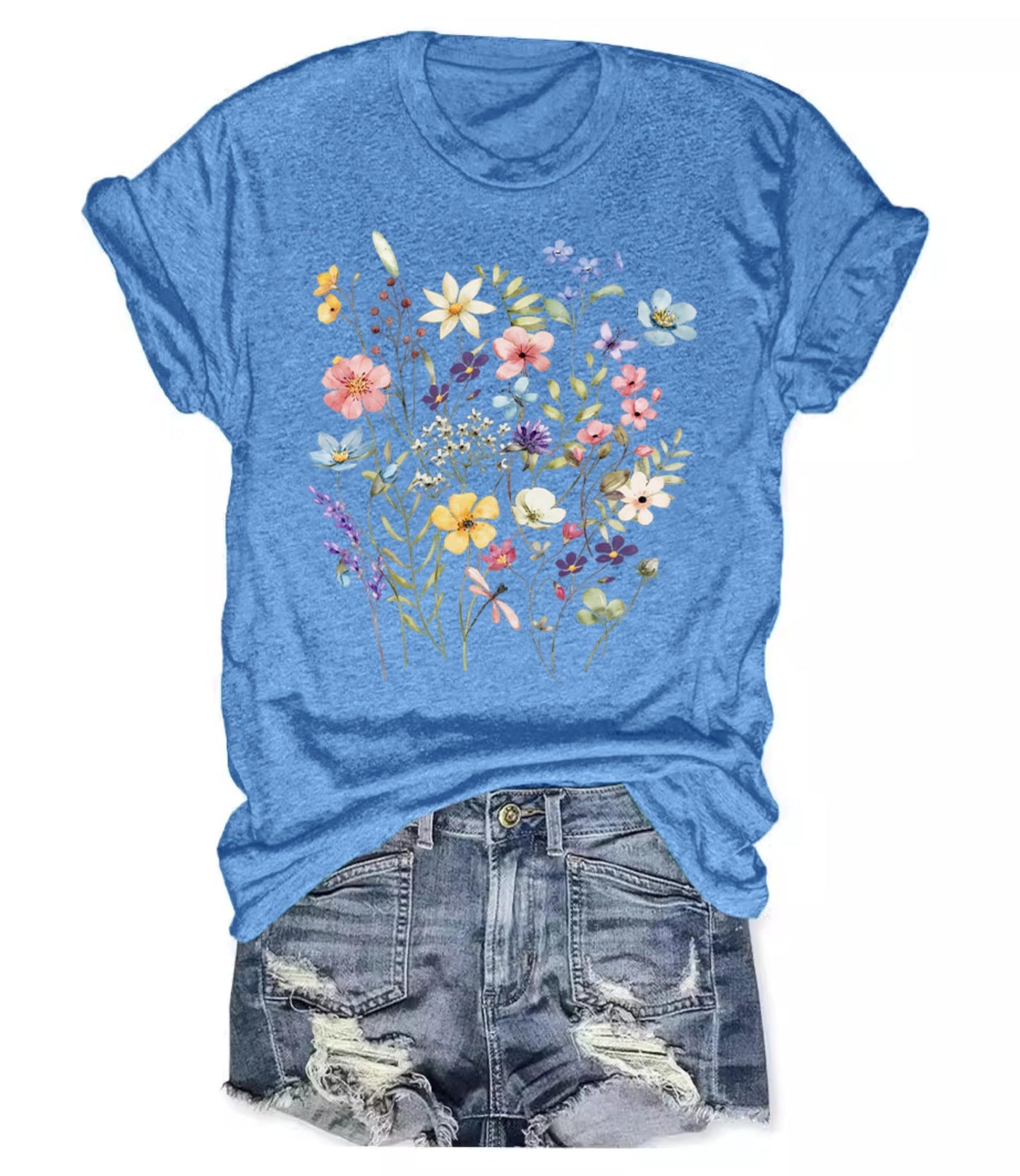 Women's Boho Wildflower Graphic Loose Tees Vintage Floral Short Sleeve T-Shirts Summer Cotton Tee Tops