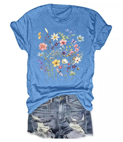 Women's Boho Wildflower Graphic Loose Tees Vintage Floral Short Sleeve T-Shirts Summer Cotton Tee Tops
