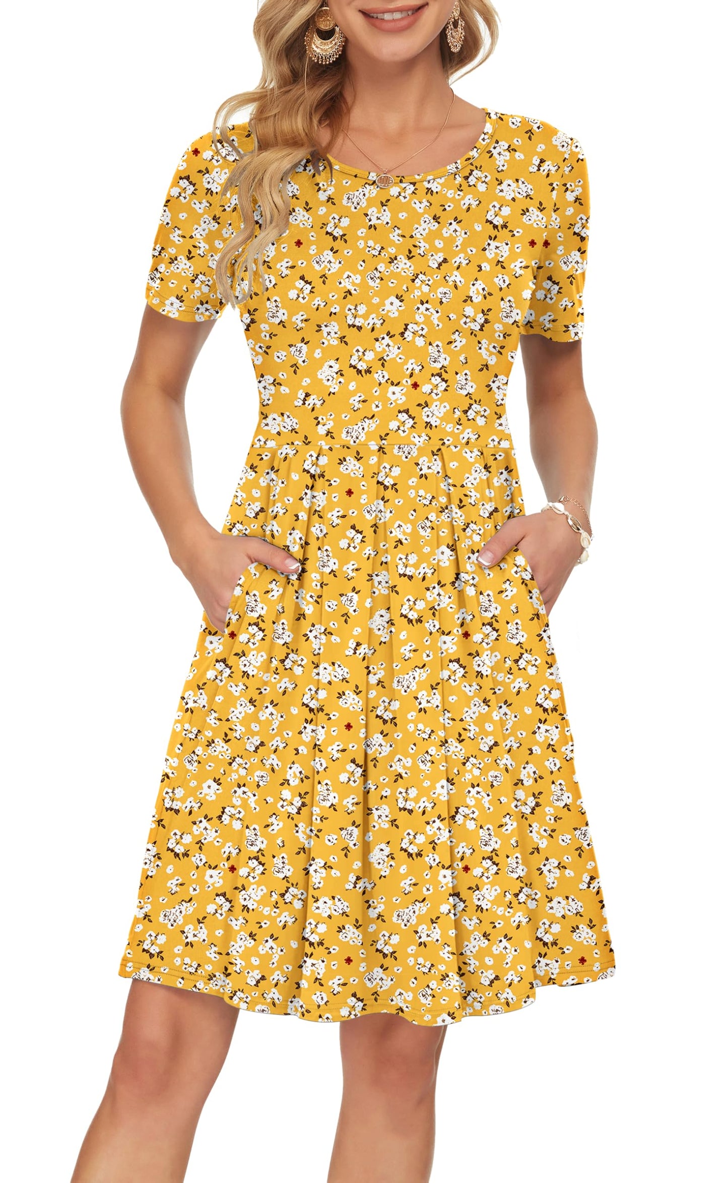 AUSELILY Women's Short Sleeve Summer Dress Pleated Loose Swing Knee Length Dresses with Pockets 2026 New