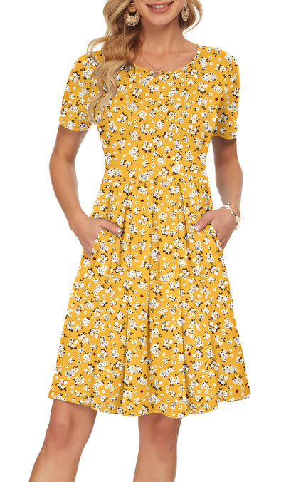 AUSELILY Women's Short Sleeve Summer Dress Pleated Loose Swing Knee Length Dresses with Pockets 2026 New