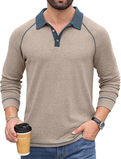Sailwind Mens Long Sleeve Polo Shirts Fashion Casual Raglan Button Polo Tee Collared Golf Shirt