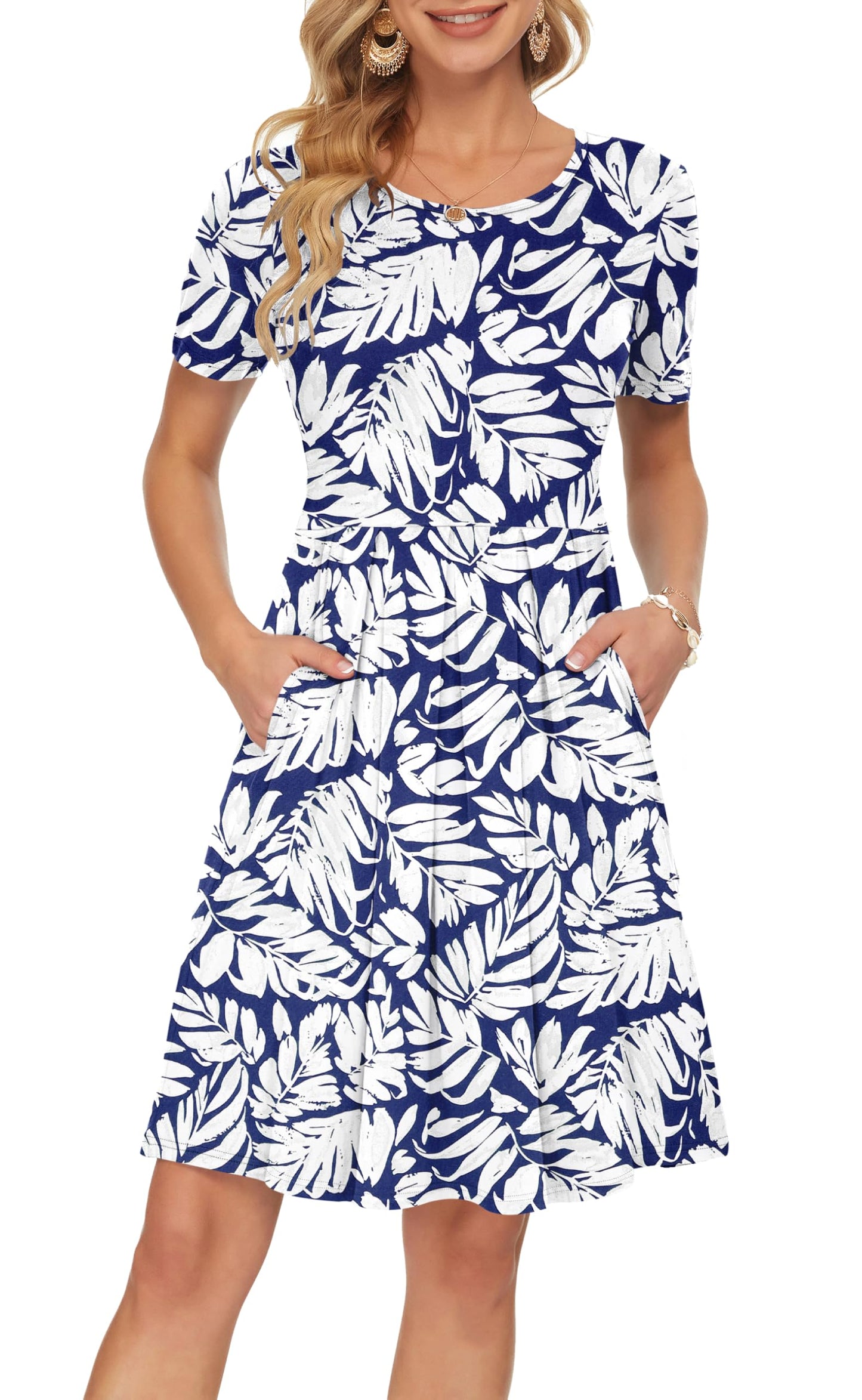 AUSELILY Women's Short Sleeve Summer Dress Pleated Loose Swing Knee Length Dresses with Pockets 2026 New
