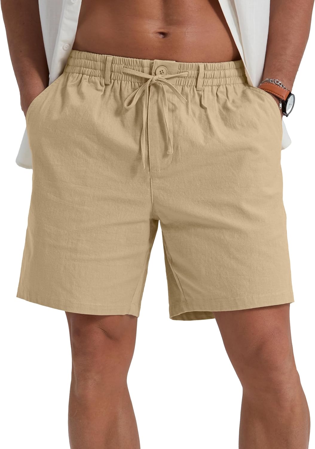 Sailwind Men's Linen Shorts 7" Casual Elastic Waist Drawstring Summer Beach Shorts
