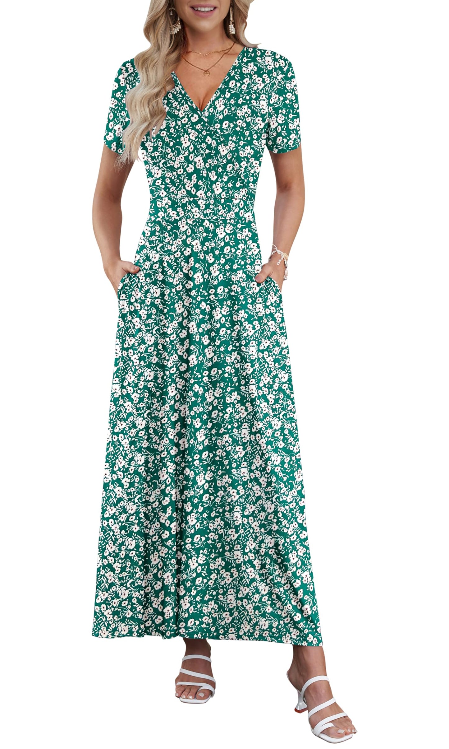 AUSELILY Maxi Dresses for Women Ankle Length Floral Print Beach Long Flowy Dress with Pockets