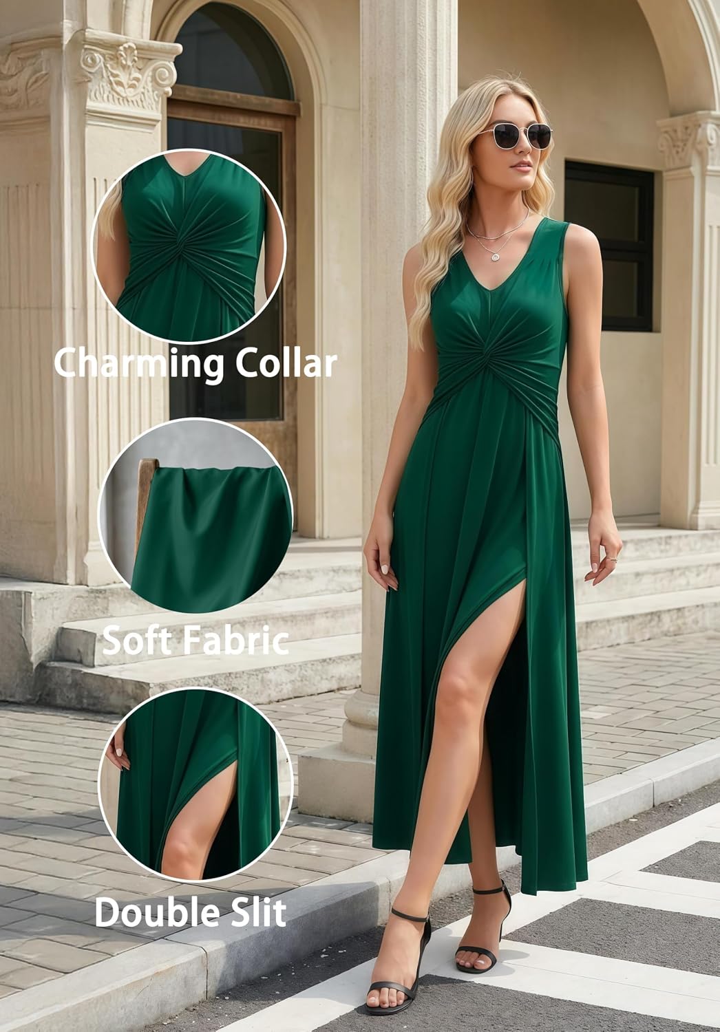 WEACZZY Women's Formal Maxi Dress Sleeveless Pleated Cocktail Evening Gown | Deep V-neck, Slimming, Flowing, Elegant, Double Splits, Lightweight Stretch, Polyester Blend, Does Not Show Through