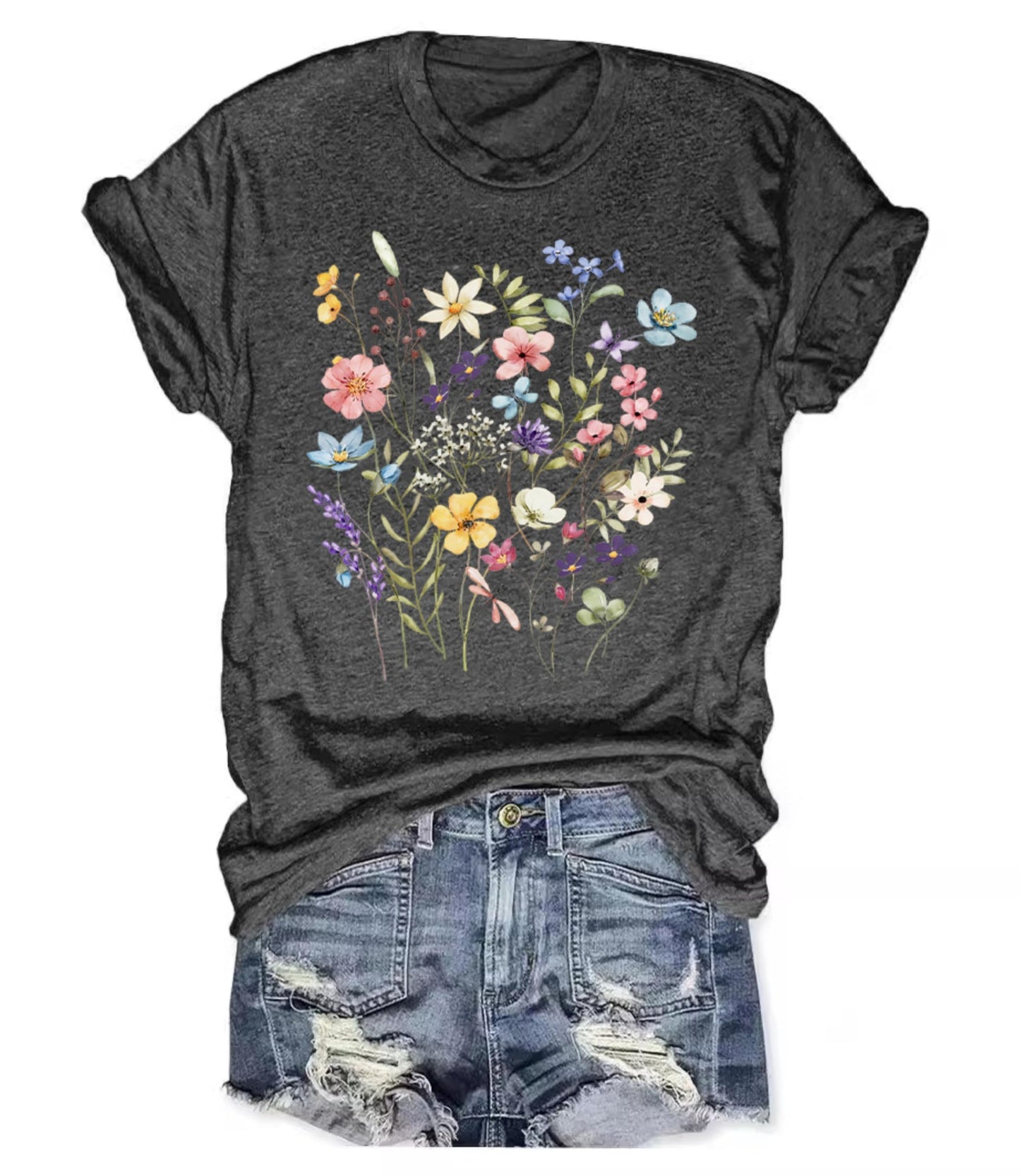 Women's Boho Wildflower Graphic Loose Tees Vintage Floral Short Sleeve T-Shirts Summer Cotton Tee Tops