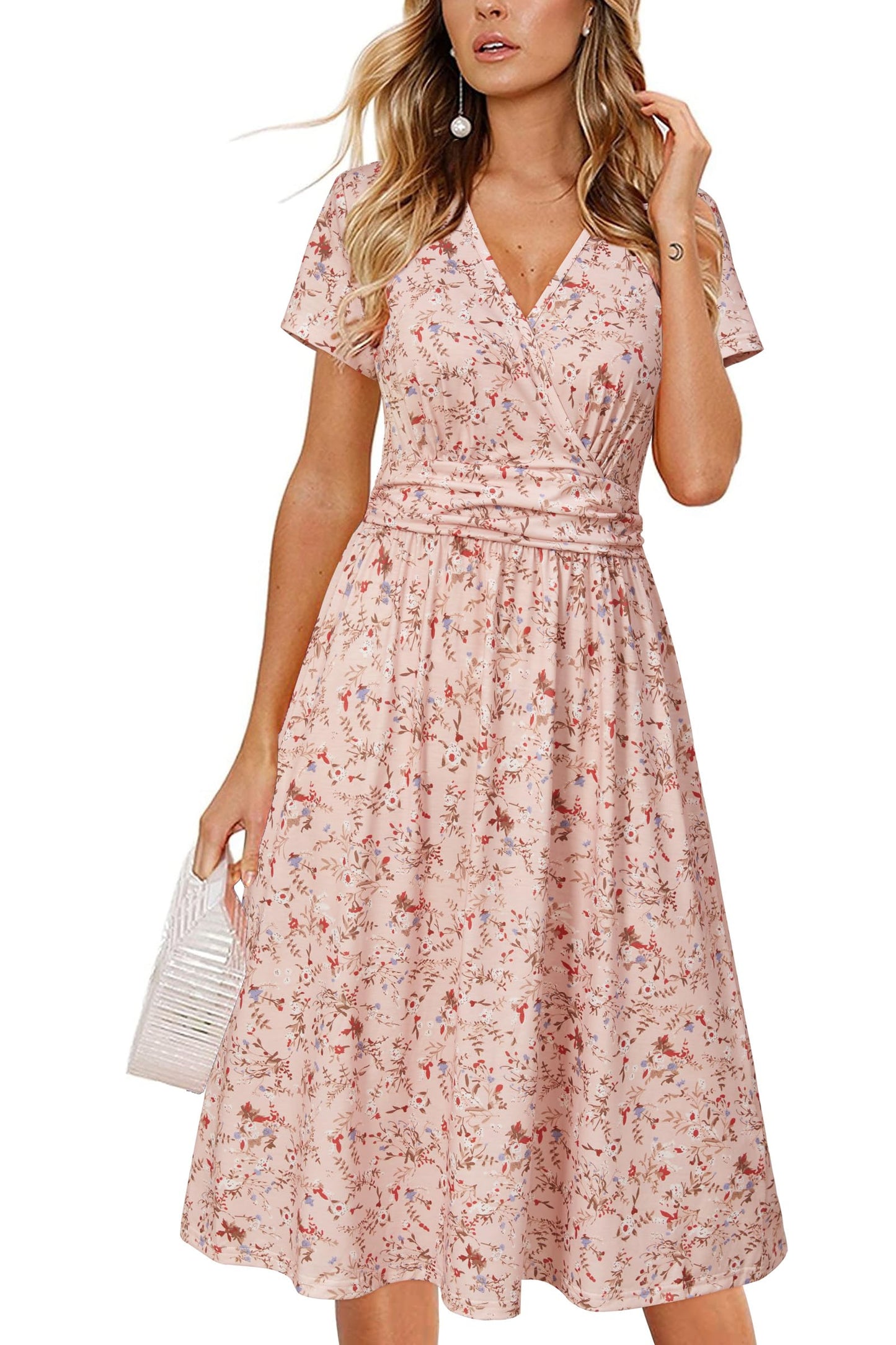 OUGES Casual Summer Dress for Women Wrap V Neck A Line Midi Dresses with Pockets