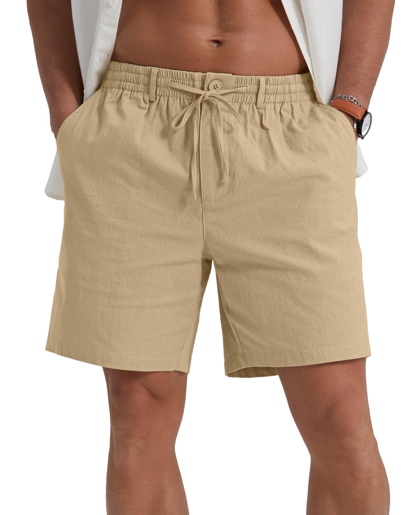 Sailwind Men's Linen Casual Shorts Elastic Waist Drawstring Summer Beach Shorts with Pockets